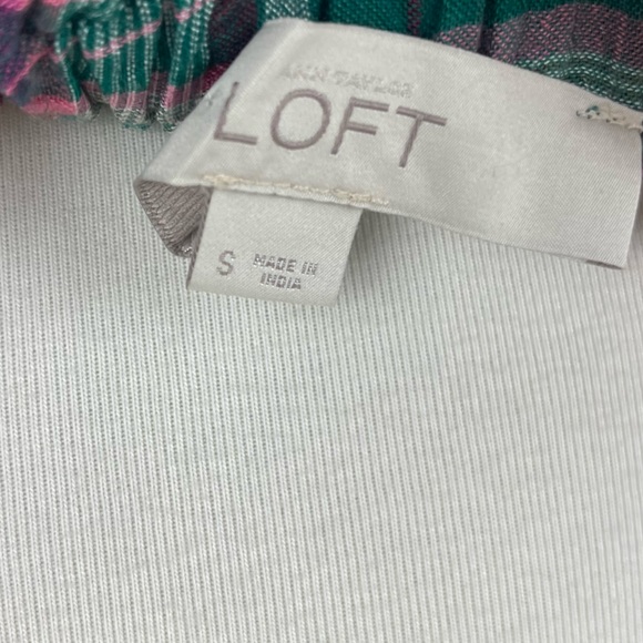 🥑5/$25 Ann Taylor LOFT Small S Green Pink Plaid Off The‎ Shoulder Top Blouse - Picture 6 of 7